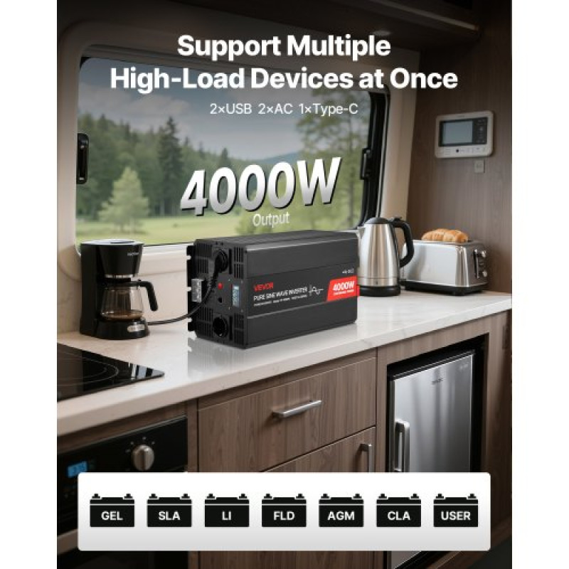 VEVOR 4000W Power Inverter, 12V DC σε 230V AC Pure Sine Wave Inverter, ηλιακός μετατροπέας φορτιστή αυτοκινήτου με οθόνη LCD, τηλεχειριστήριο, 2 θύρες USB, 2 πρίζες AC, θύρα Type-C, για RV, Truck Outdoor
