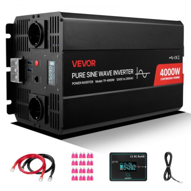 VEVOR 4000W Power Inverter, 12V DC σε 230V AC Pure Sine Wave Inverter, ηλιακός μετατροπέας φορτιστή αυτοκινήτου με οθόνη LCD, τηλεχειριστήριο, 2 θύρες USB, 2 πρίζες AC, θύρα Type-C, για RV, Truck Outdoor