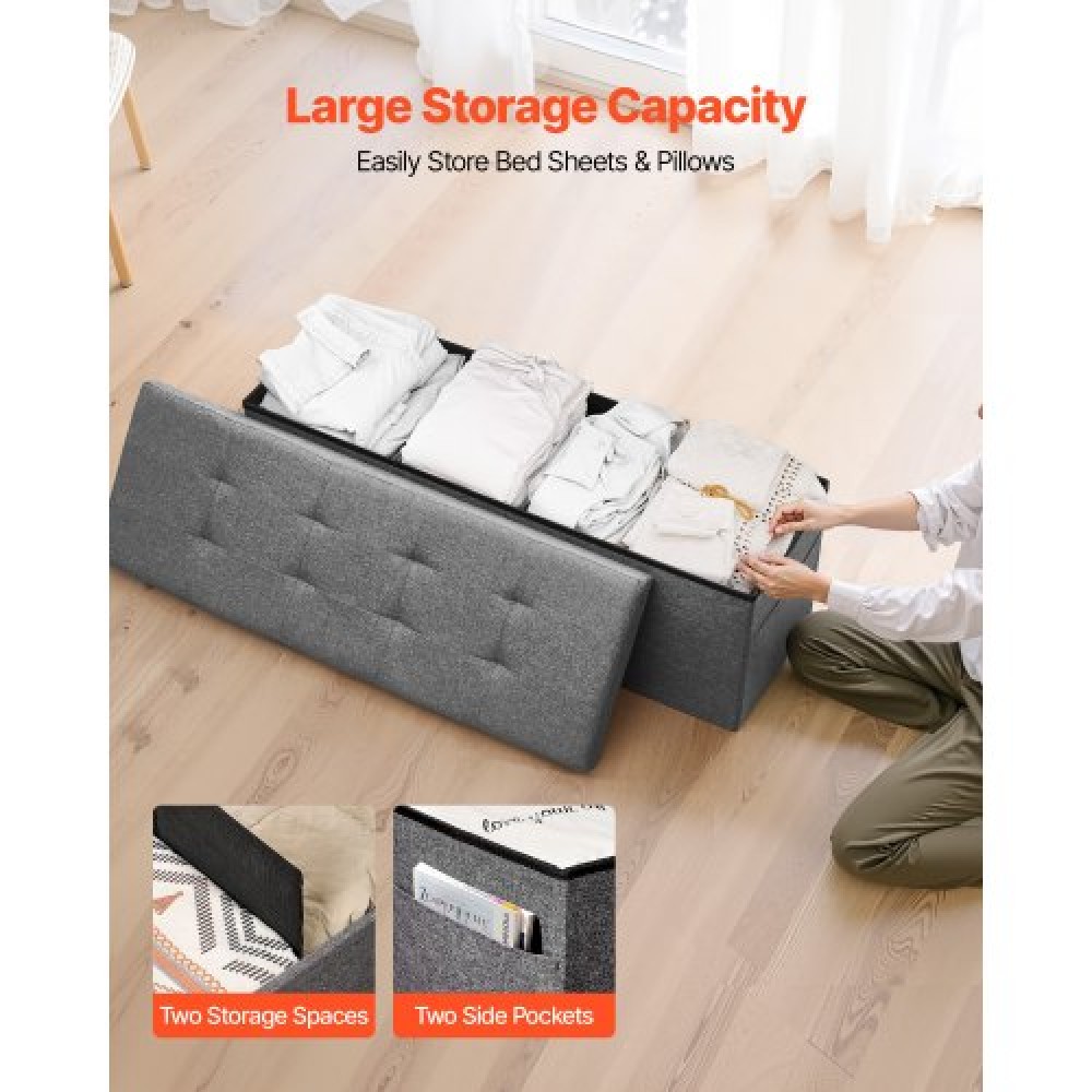 VEVOR Foldable Storage Ottoman Bench, End of Bed Bench with Side Bags, Folding Upholstered Storage Chest Supports 660 lbs, Linen Bed Ottoman with Large Space for Living Room, Bedroom, Entryway, Grey