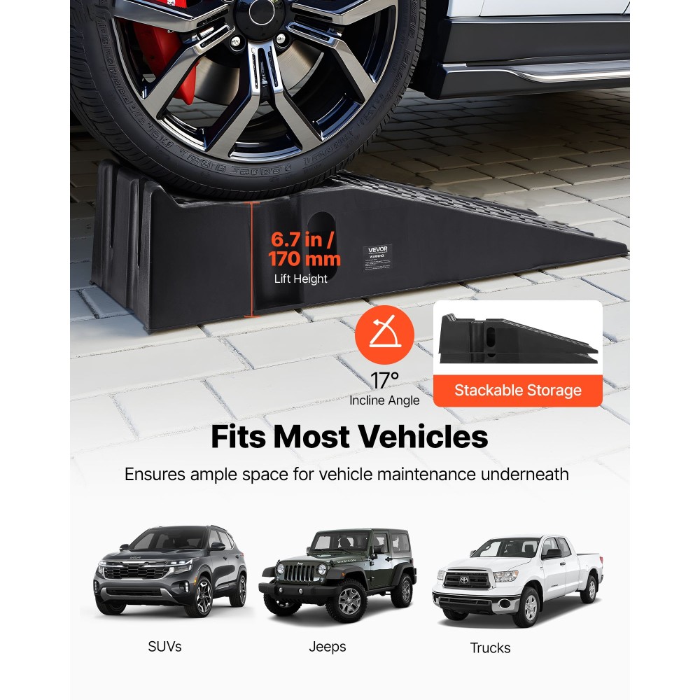 Ράμπες αυτοκινήτου VEVOR, 2 ΤΕΜ 7257 kg χωρητικότητα GVW, Ύψος ανύψωσης 170 mm, Φορητές ράμπες σέρβις αυτοκινήτων υψηλού προφίλ για συντήρηση γκαράζ στο σπίτι και αλλαγές λαδιών, βαρέως τύπου για επισκευή οχημάτων SUV φορτηγών, Μαύρο