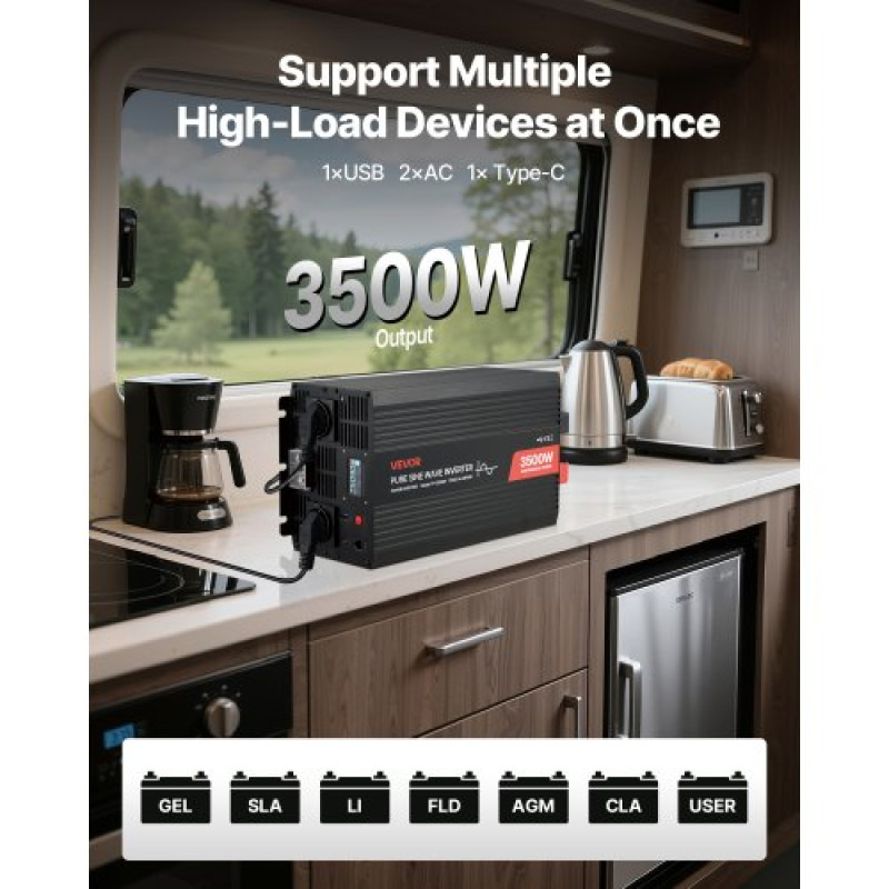 VEVOR 3500W Power Inverter, 12V DC σε 230V AC Pure Sine Wave Inverter, ηλιακός μετατροπέας φορτιστή αυτοκινήτου με οθόνη LCD, τηλεχειριστήριο, θύρα USB, 2 πρίζες εναλλασσόμενου ρεύματος, θύρα Type-C, για RV, Κάμπινγκ εξωτερικού χώρου φορτηγών