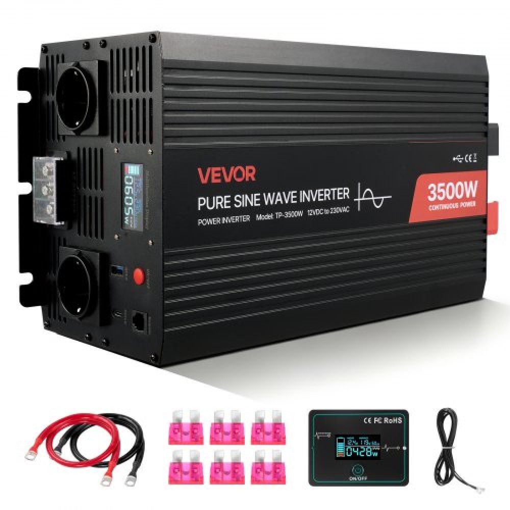 VEVOR 3500W Power Inverter, 12V DC to 230V AC Pure Sine Wave Inverter, Solar Car Charger Converter with LCD Display, Remote Control, USB Port, 2 AC Outlets, Type-C Port, for RV, Truck Outdoor Camping