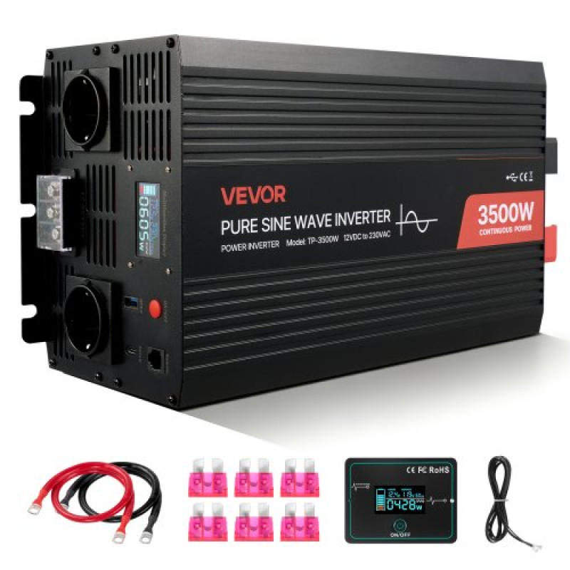 VEVOR 3500W Power Inverter, 12V DC σε 230V AC Pure Sine Wave Inverter, ηλιακός μετατροπέας φορτιστή αυτοκινήτου με οθόνη LCD, τηλεχειριστήριο, θύρα USB, 2 πρίζες εναλλασσόμενου ρεύματος, θύρα Type-C, για RV, Κάμπινγκ εξωτερικού χώρου φορτηγών