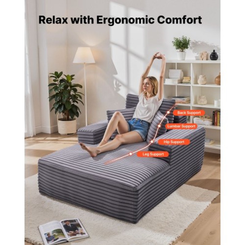 VEVOR Chaise Lounge Chair, 1380 mm Boneless Chaise Lounge Indoor, Modern Upholstered Oversized Reading Chair with Throw Pillows & Armrests, Sofa Couch Deep Seat Sleeper for Living Room, Bedroom, Grey