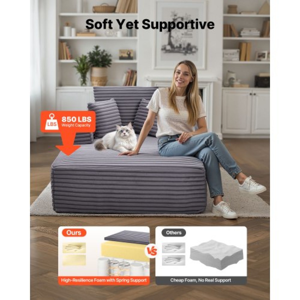 Καρέκλα VEVOR Chaise Lounge, 1380 mm Boneless Chaise Lounge Indoor, Μοντέρνα επικαλυμμένη υπερμεγέθη καρέκλα ανάγνωσης με μαξιλάρια και μπράτσα, καναπέ-κρεβάτι Βαθύ κάθισμα ύπνου για σαλόνι, υπνοδωμάτιο, γκρι