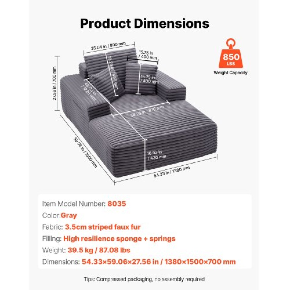 Καρέκλα VEVOR Chaise Lounge, 1380 mm Boneless Chaise Lounge Indoor, Μοντέρνα επικαλυμμένη υπερμεγέθη καρέκλα ανάγνωσης με μαξιλάρια και μπράτσα, καναπέ-κρεβάτι Βαθύ κάθισμα ύπνου για σαλόνι, υπνοδωμάτιο, γκρι