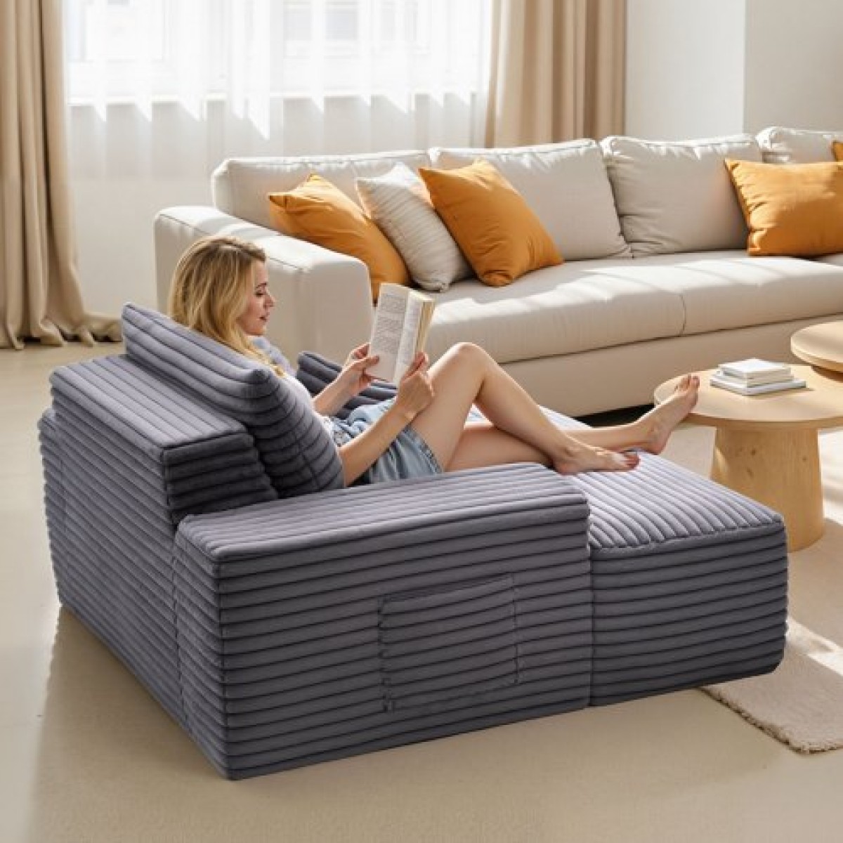 Καρέκλα VEVOR Chaise Lounge, 1380 mm Boneless Chaise Lounge Indoor, Μοντέρνα επικαλυμμένη υπερμεγέθη καρέκλα ανάγνωσης με μαξιλάρια και μπράτσα, καναπέ-κρεβάτι Βαθύ κάθισμα ύπνου για σαλόνι, υπνοδωμάτιο, γκρι