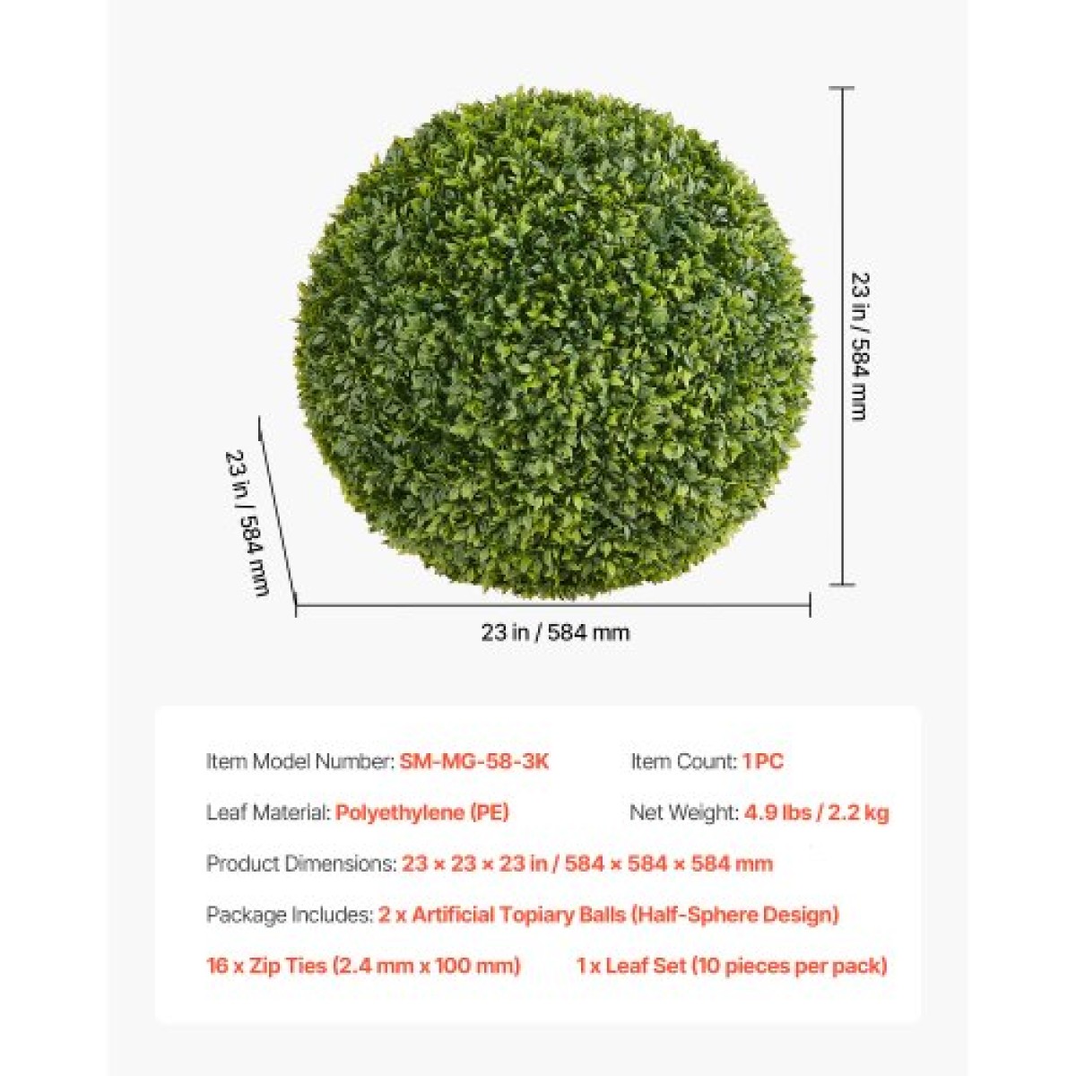 VEVOR Artificial Topiary Ball, 584mm Faux Boxwood Plant Balls, Fake Silk Tree Look Real, Εύκολη συναρμολόγηση για διακόσμηση Μπροστινή βεράντα Εξωτερική βεράντα Κήπος Μπαλκόνι πίσω αυλή και γάμος σε εσωτερικό σπίτι, πράσινο