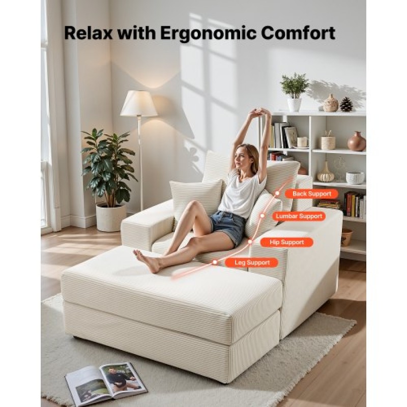 VEVOR Chaise Lounge Chair, 1115 mm Boneless Modular Chaise Lounge Indoor, Oversized Corduroy Reading Chair with Throw Pillows & Armrests, Deep Seat Sofa Couch Sleeper for Living Room, Bedroom, Beige