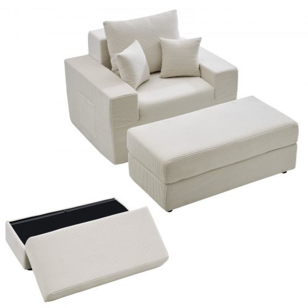 VEVOR Chaise Lounge Chair, 1115 mm Boneless Modular Chaise Lounge Indoor, Oversized Corduroy Reading Chair with Throw Pillows & Armrests, Deep Seat Sofa Couch Sleeper for Living Room, Bedroom, Beige