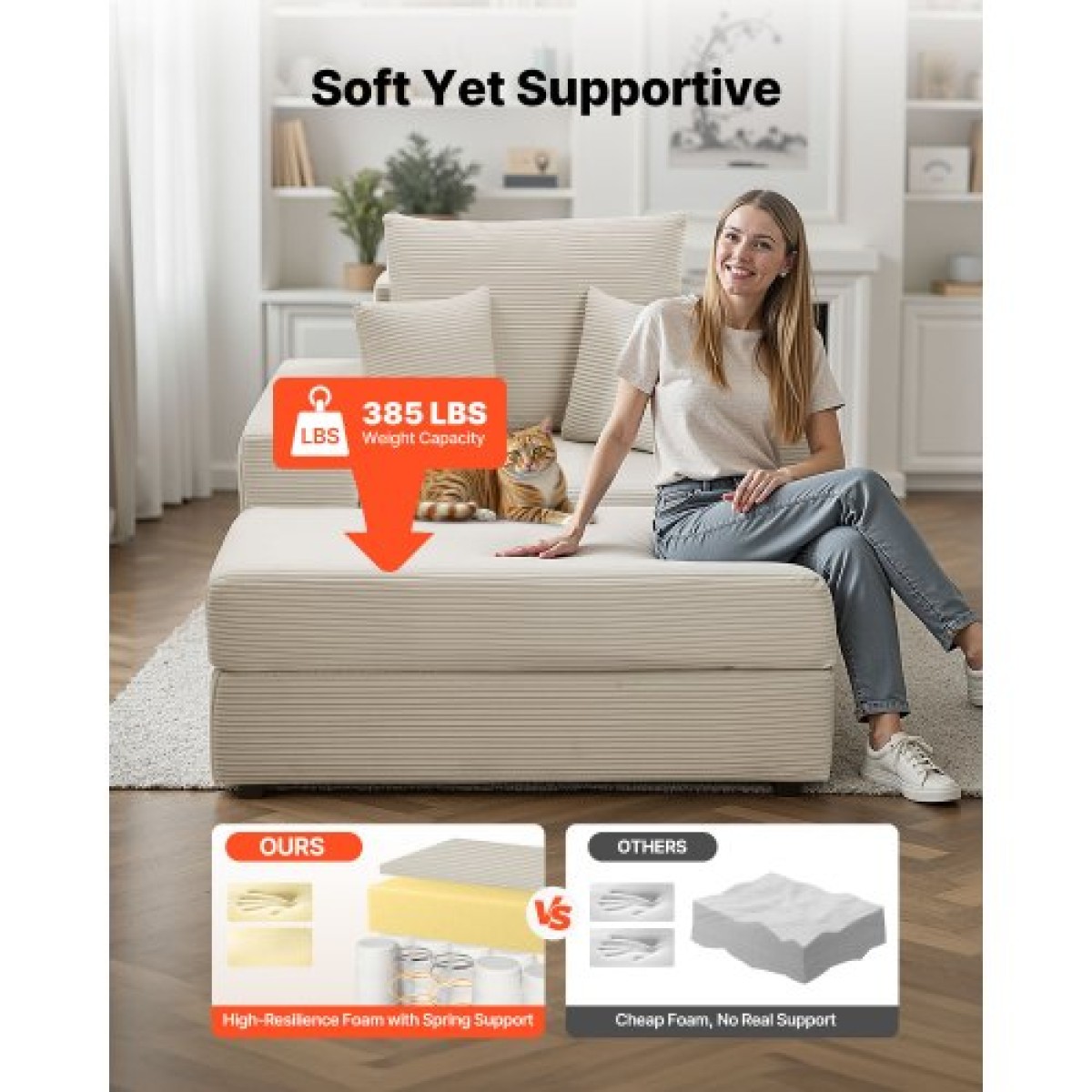 Καρέκλα VEVOR Chaise Lounge, 1115 mm Boneless Modular Chaise Lounge Indoor, Υπερμεγέθη κοτλέ πολυθρόνα ανάγνωσης με μαξιλάρια & μπράτσα, Βαθιά θέση καναπέ-κρεβάτι ύπνου για σαλόνι, υπνοδωμάτιο, μπεζ
