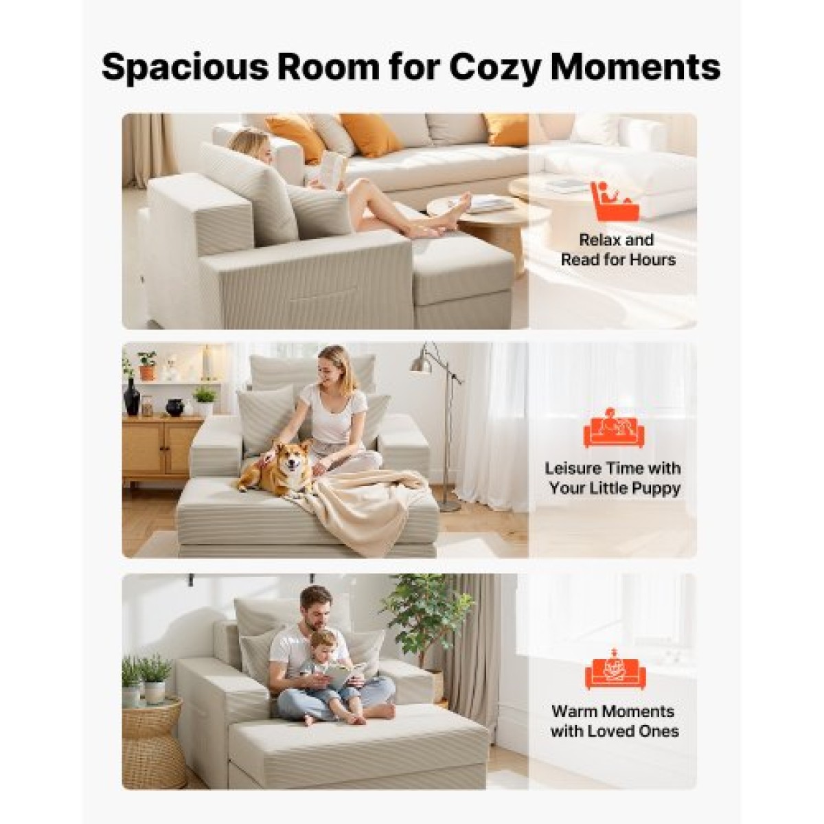 Καρέκλα VEVOR Chaise Lounge, 1115 mm Boneless Modular Chaise Lounge Indoor, Υπερμεγέθη κοτλέ πολυθρόνα ανάγνωσης με μαξιλάρια & μπράτσα, Βαθιά θέση καναπέ-κρεβάτι ύπνου για σαλόνι, υπνοδωμάτιο, μπεζ
