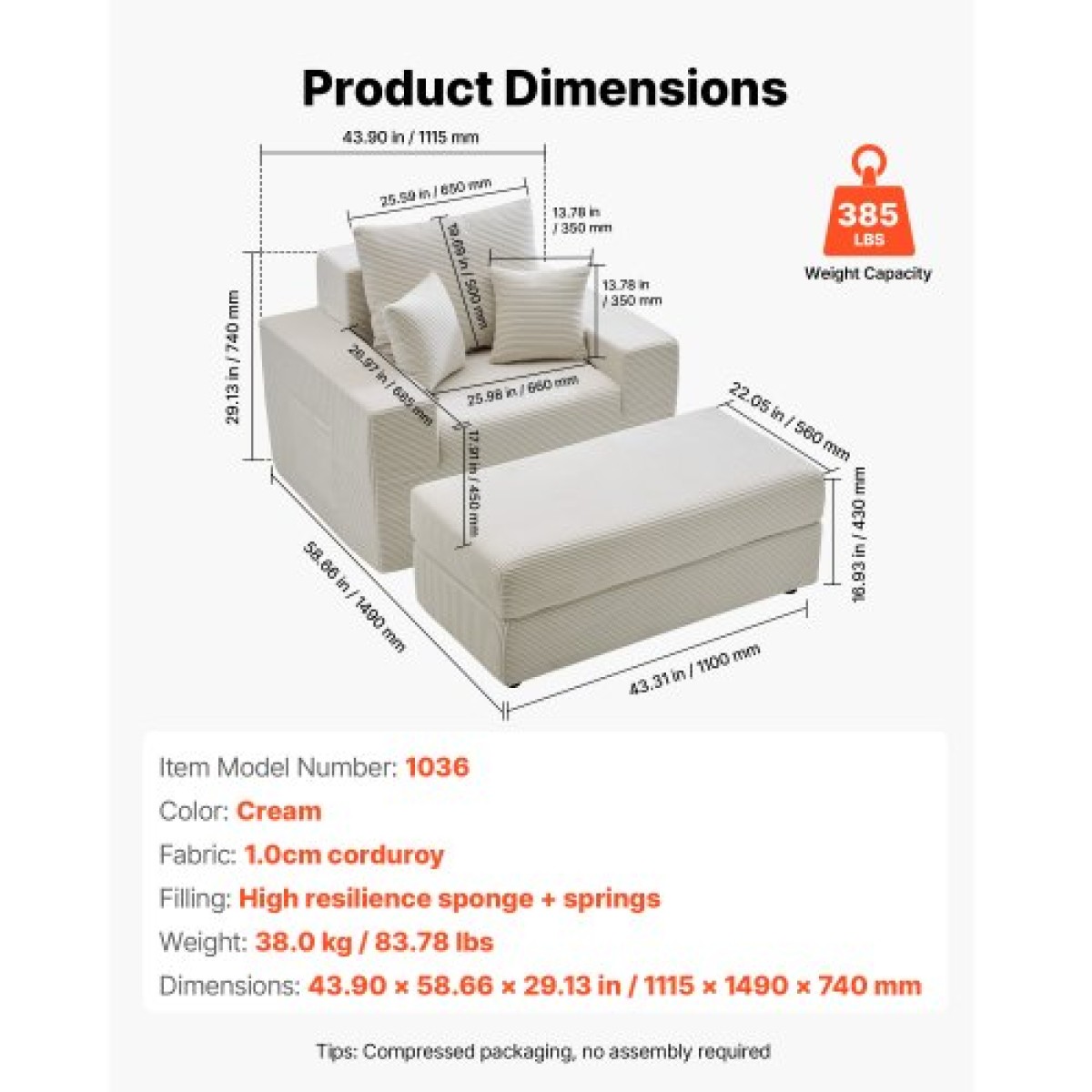 Καρέκλα VEVOR Chaise Lounge, 1115 mm Boneless Modular Chaise Lounge Indoor, Υπερμεγέθη κοτλέ πολυθρόνα ανάγνωσης με μαξιλάρια & μπράτσα, Βαθιά θέση καναπέ-κρεβάτι ύπνου για σαλόνι, υπνοδωμάτιο, μπεζ
