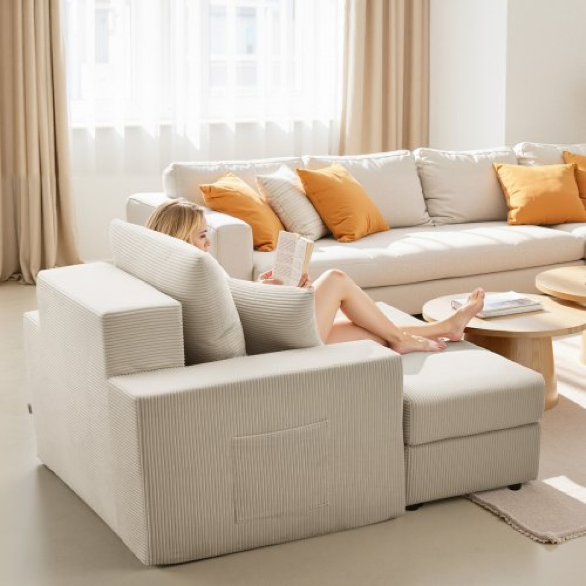 Καρέκλα VEVOR Chaise Lounge, 1115 mm Boneless Modular Chaise Lounge Indoor, Υπερμεγέθη κοτλέ πολυθρόνα ανάγνωσης με μαξιλάρια & μπράτσα, Βαθιά θέση καναπέ-κρεβάτι ύπνου για σαλόνι, υπνοδωμάτιο, μπεζ