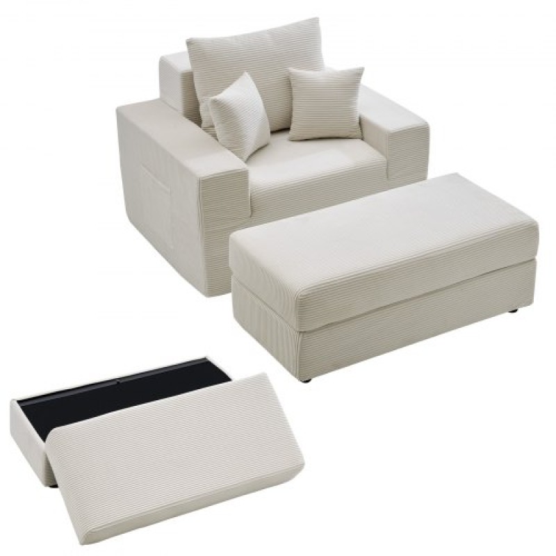 VEVOR Chaise Lounge Chair, 1115 mm Boneless Modular Chaise Lounge Indoor, Oversized Corduroy Reading Chair with Throw Pillows & Armrests, Deep Seat Sofa Couch Sleeper for Living Room, Bedroom, Beige