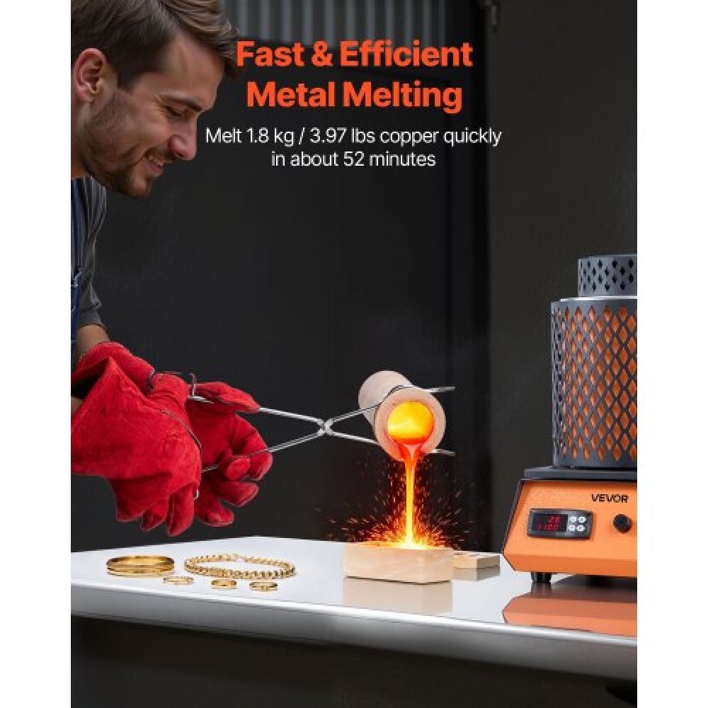 VEVOR Electric Melting Furnace, 1500W Electric Melting Furnace Kit, 2102℉/1150℃ Μηχανή τήξης μετάλλων με κεραμικό χωνευτήριο 5kg, Κιτ τήξης χρυσού για κατασκευή κοσμημάτων, μεταλλικές ράβδοι, μεταλλικά εξαρτήματα