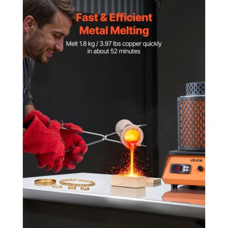 VEVOR Electric Melting Furnace, 1500W Electric Melting Furnace Kit, 2102℉/1150℃ Μηχανή τήξης μετάλλων με κεραμικό χωνευτήριο 5kg, Κιτ τήξης χρυσού για κατασκευή κοσμημάτων, μεταλλικές ράβδοι, μεταλλικά εξαρτήματα
