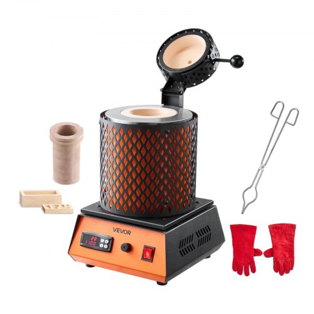 VEVOR Electric Melting Furnace, 1500W Electric Melting Furnace Kit, 2102℉/1150℃ Μηχανή τήξης μετάλλων με κεραμικό χωνευτήριο 5kg, Κιτ τήξης χρυσού για κατασκευή κοσμημάτων, μεταλλικές ράβδοι, μεταλλικά εξαρτήματα