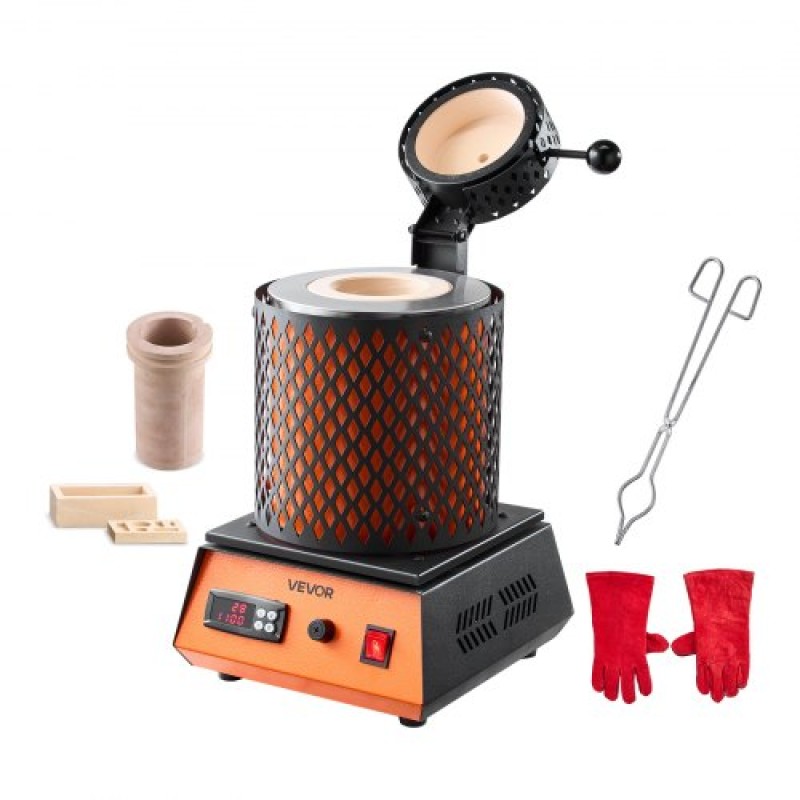 VEVOR Electric Melting Furnace, 1500W Electric Melting Furnace Kit, 2102℉/1150℃ Μηχανή τήξης μετάλλων με κεραμικό χωνευτήριο 5kg, Κιτ τήξης χρυσού για κατασκευή κοσμημάτων, μεταλλικές ράβδοι, μεταλλικά εξαρτήματα