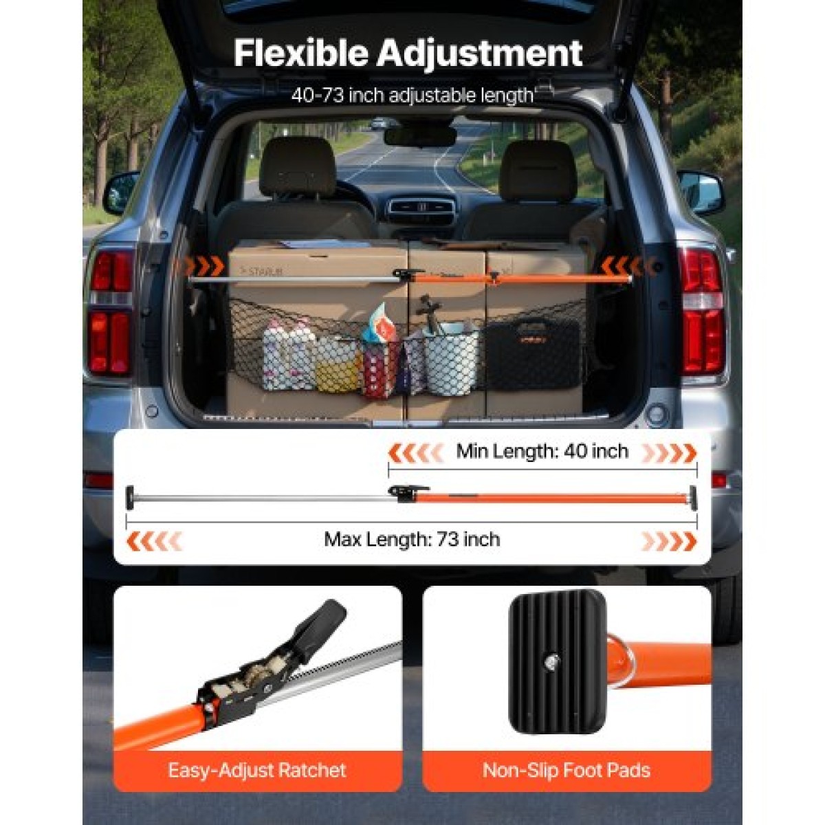 VEVOR Cargo Bar, Ratcheting Bars Cargo Ρυθμιζόμενες από 1016mm έως 1854mm, Steel Cargos Stabilizer βαρέως τύπου με δίχτυ αποθήκευσης & διαχωριστική ράβδο, τηλεσκοπικές ράβδοι κλειδώματος φορτίου για SUV, Sedan