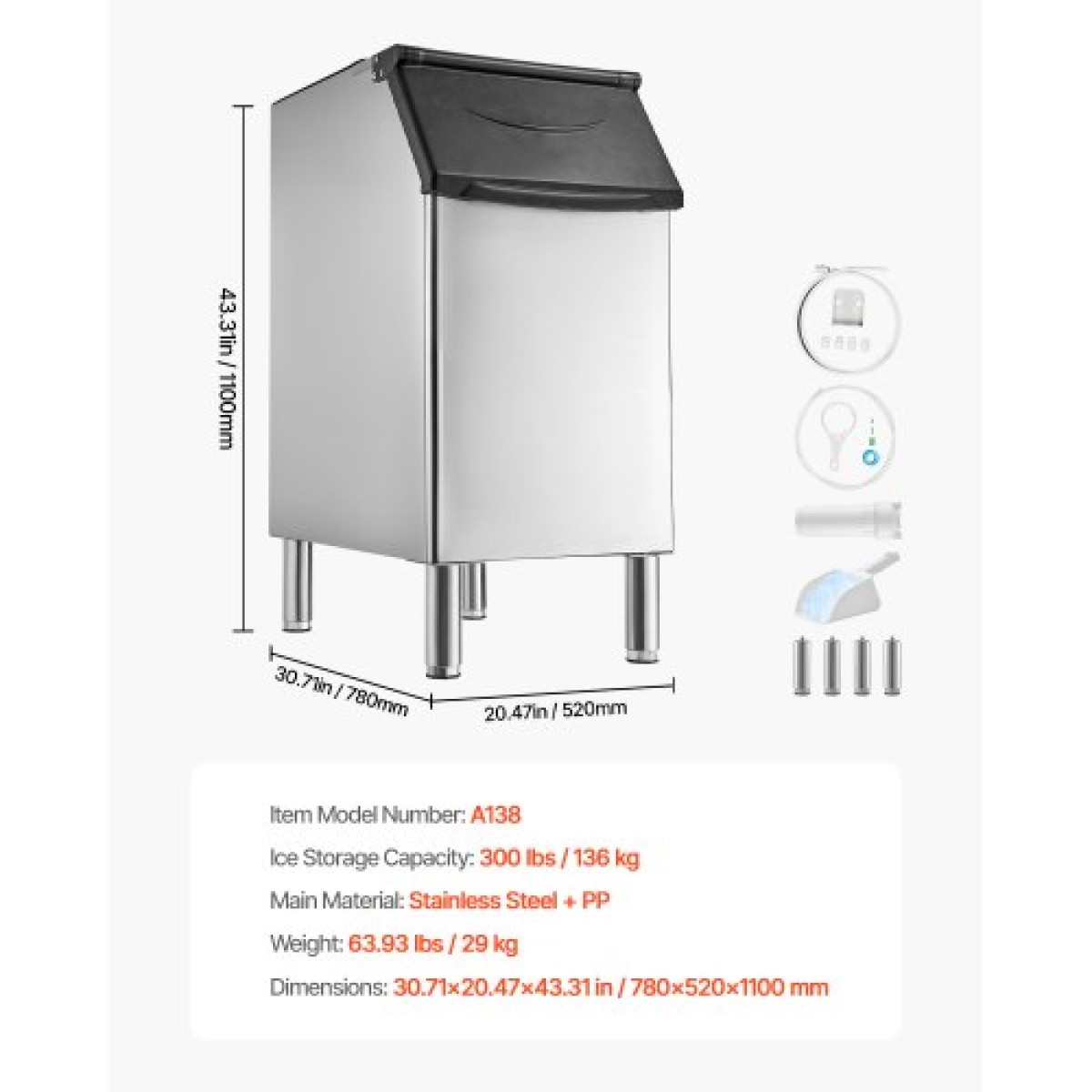 VEVOR Commercial Ice Maker Storage Doll, 136 KG Capacity Ice-Kan, Inox Steel Commercial Ice Storage Bill με Ρυθμιζόμενα Αντιολισθητικά Λαστιχένια Πόδια, Κατάλληλος για Εστιατόρια ξενοδοχεία και καταστήματα ποτών