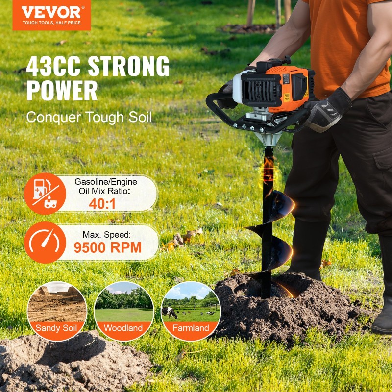 VEVOR Post Hole Digger Gas Powered, 43CC 1250W Earth Auger, Gas Auger with 8” Auger Drill Drill Action Design Bits, Post Fence Hole Digger for Farmland Garden Plant, Orange+Black