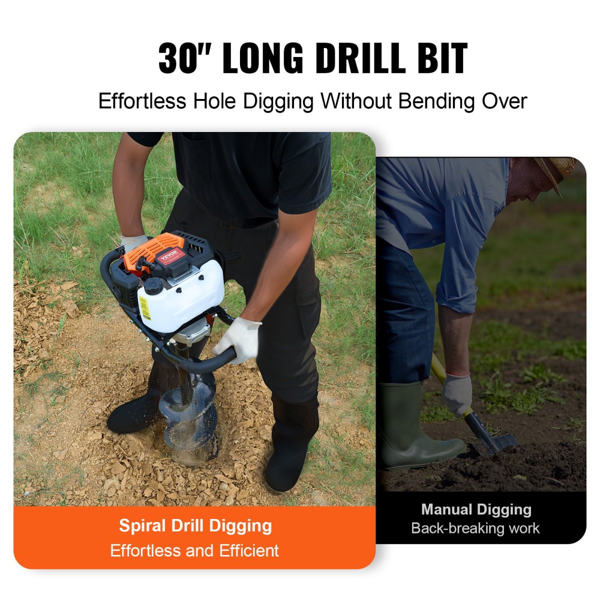 VEVOR Post Hole Digger Gas Powered, 43CC 1250W Earth Auger, Gas Auger with 8” Auger Drill Drill Action Design Bits, Post Fence Hole Digger for Farmland Garden Plant, Orange+Black
