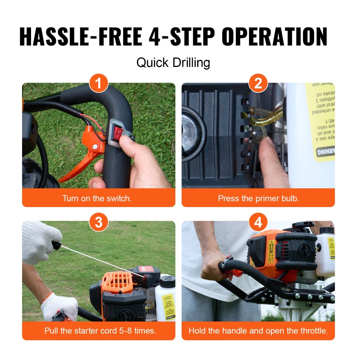 VEVOR Post Hole Digger Gas Powered, 43CC 1250W Earth Auger, Gas Auger with 8” Auger Drill Drill Action Design Bits, Post Fence Hole Digger for Farmland Garden Plant, Orange+Black