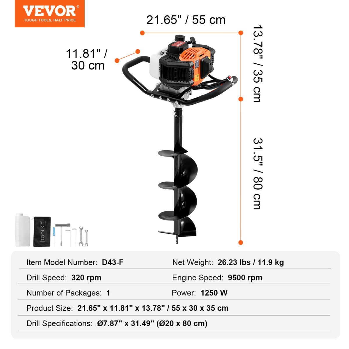 VEVOR Post Hole Digger Gas Powered, 43CC 1250W Earth Auger, Gas Auger with 8” Auger Drill Drill Action Design Bits, Post Fence Hole Digger for Farmland Garden Plant, Orange+Black