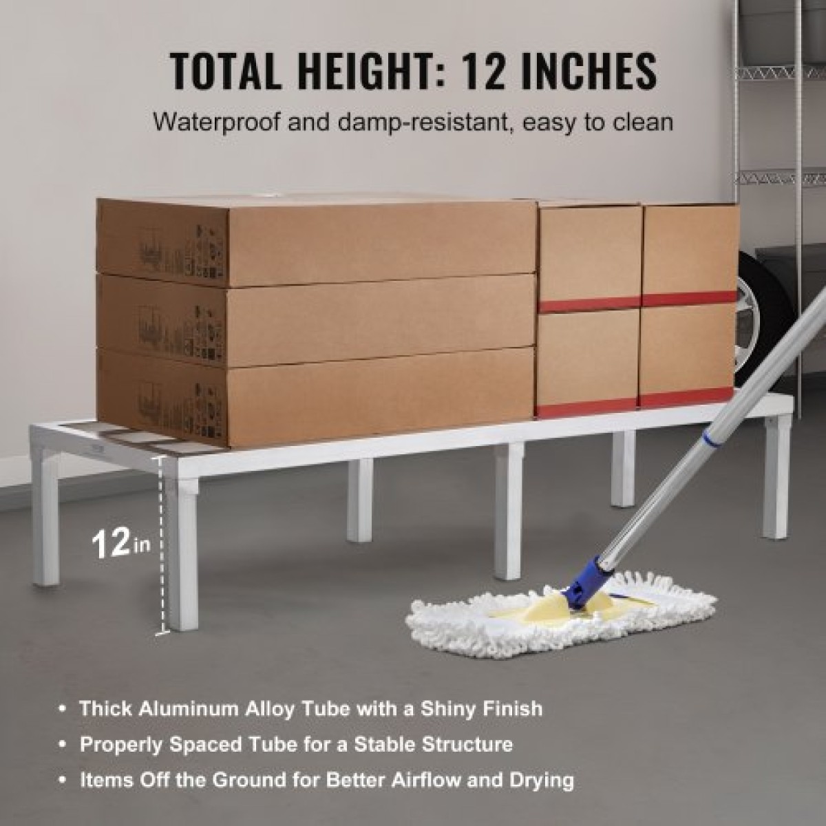 Σχάρα αλουμινίου VEVOR Dunnage, 60" x 20" Εμπορική σχάρα φαγητού, 12" εκτός δαπέδου, 1800 lbs Χωρητικότητα ράφι αποθήκευσης αλουμινίου ολοσυγκόλλησης, για αποθήκευση σε εστιατόρια, κουζίνες, γκαράζ και οχήματα