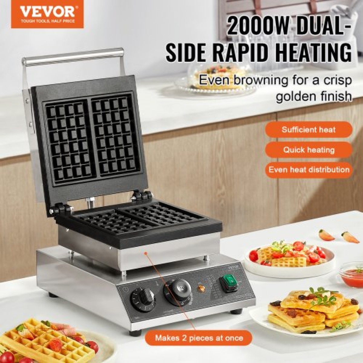 VEVOR Commercial Waffle Maker, 2 τεμ. Ορθογώνιο μηχάνημα αρτοποιίας βαφλών, 2000W αντικολλητικό ανοξείδωτο σίδερο βελγικής βάφλας με έλεγχο θερμοκρασίας και χρόνου, λαβή, για Οικογενειακό σνακ μπαρ φούρνου εστιατορίου