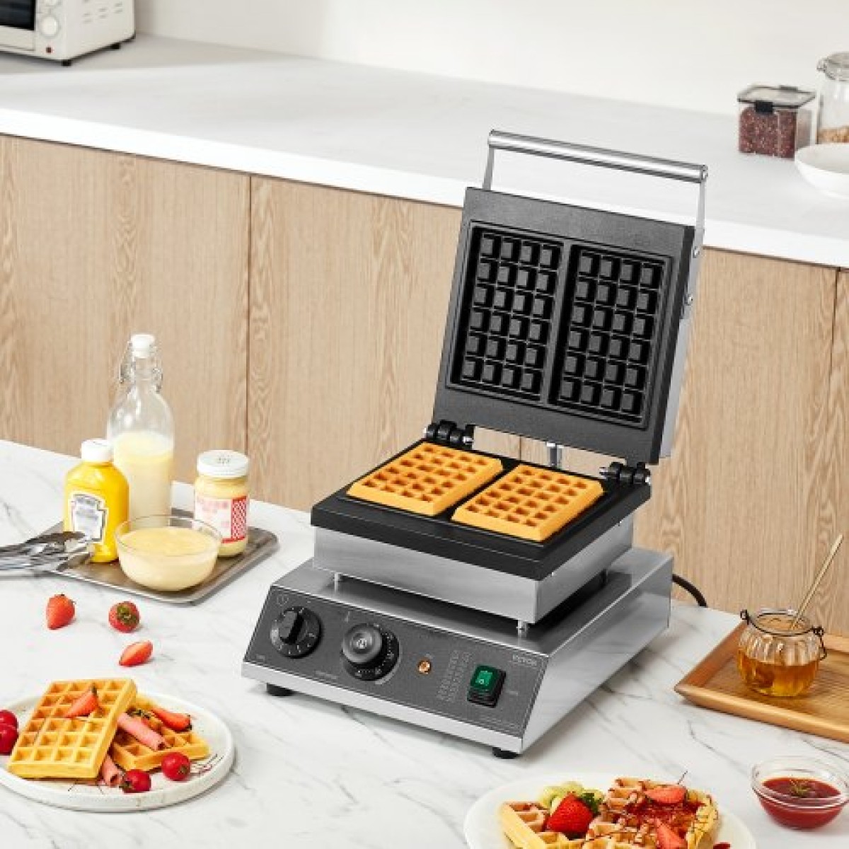 VEVOR Commercial Waffle Maker, 2 τεμ. Ορθογώνιο μηχάνημα αρτοποιίας βαφλών, 2000W αντικολλητικό ανοξείδωτο σίδερο βελγικής βάφλας με έλεγχο θερμοκρασίας και χρόνου, λαβή, για Οικογενειακό σνακ μπαρ φούρνου εστιατορίου