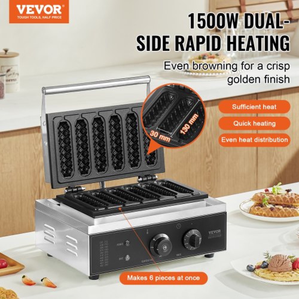 VEVOR Commercial Waffle Stick Maker, 6PCS 1500W Machine Waffle Baker, Αντικολλητικό από ανοξείδωτο ατσάλι Corn Hot Dog Waffle Iron με έλεγχο θερμοκρασίας και χρόνου, λαβή, για οικογένεια σνακ μπαρ αρτοποιίας εστιατορίου