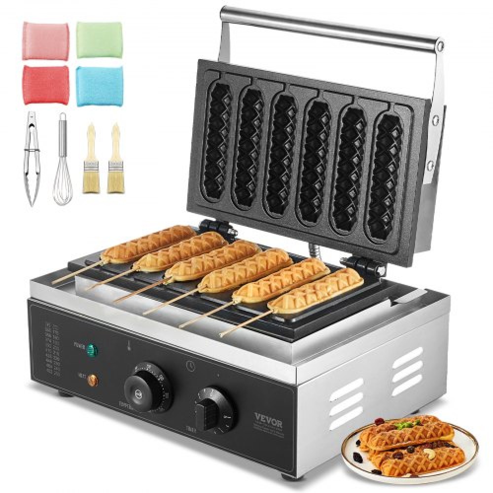 VEVOR Commercial Waffle Stick Maker, 6PCS 1500W Machine Waffle Baker, Αντικολλητικό από ανοξείδωτο ατσάλι Corn Hot Dog Waffle Iron με έλεγχο θερμοκρασίας και χρόνου, λαβή, για οικογένεια σνακ μπαρ αρτοποιίας εστιατορίου