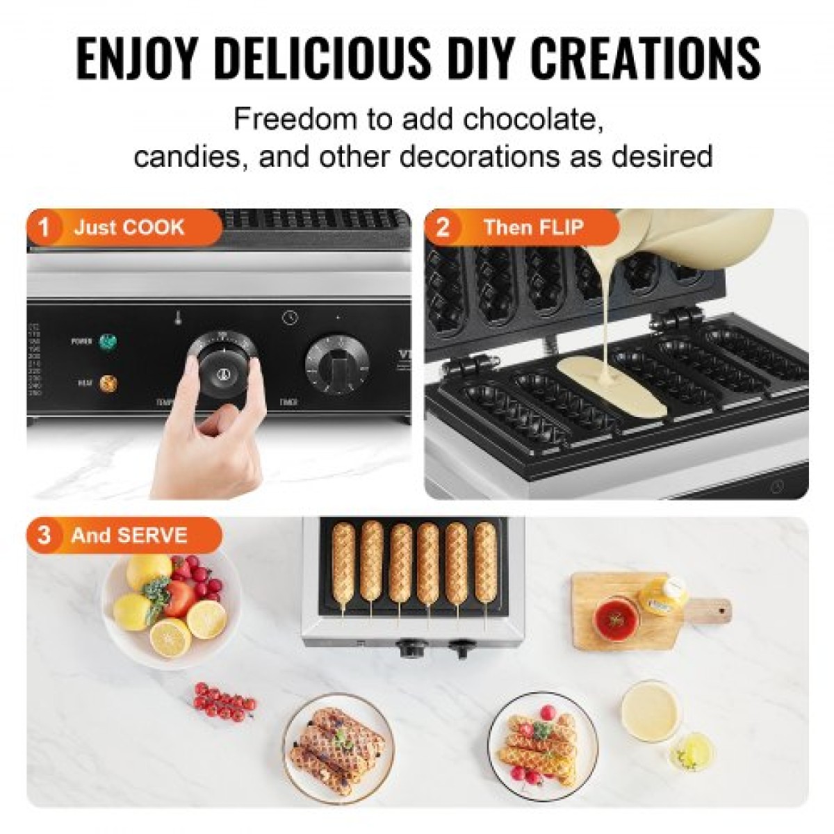 VEVOR Commercial Waffle Stick Maker, 6PCS 1500W Machine Waffle Baker, Αντικολλητικό από ανοξείδωτο ατσάλι Corn Hot Dog Waffle Iron με έλεγχο θερμοκρασίας και χρόνου, λαβή, για οικογένεια σνακ μπαρ αρτοποιίας εστιατορίου
