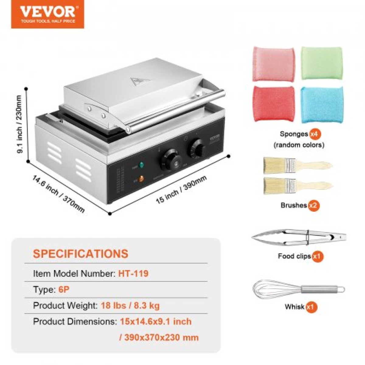 VEVOR Commercial Waffle Stick Maker, 6PCS 1500W Machine Waffle Baker, Αντικολλητικό από ανοξείδωτο ατσάλι Corn Hot Dog Waffle Iron με έλεγχο θερμοκρασίας και χρόνου, λαβή, για οικογένεια σνακ μπαρ αρτοποιίας εστιατορίου