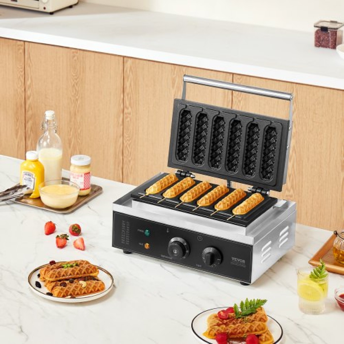 VEVOR Commercial Waffle Stick Maker, 6PCS 1500W Machine Waffle Baker, Αντικολλητικό από ανοξείδωτο ατσάλι Corn Hot Dog Waffle Iron με έλεγχο θερμοκρασίας και χρόνου, λαβή, για οικογένεια σνακ μπαρ αρτοποιίας εστιατορίου