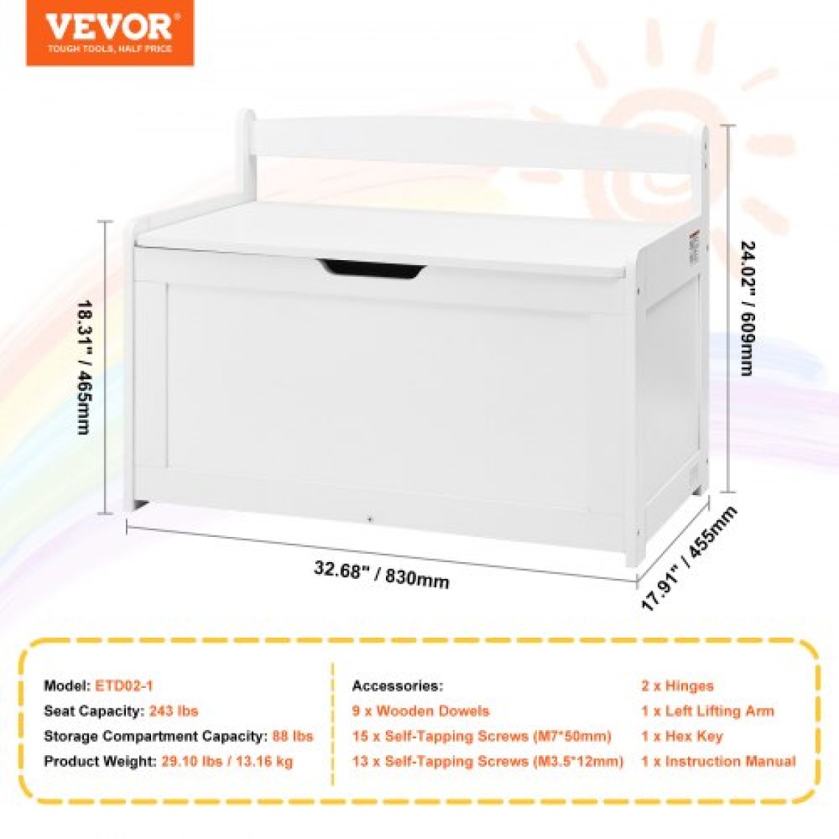 VEVOR Ξύλινη θήκη παιχνιδιών για παιδιά, κουτί αποθήκευσης παιχνιδιών για νήπια με καπάκι και μεντεσέ ασφαλείας, 32,68 x 17,91 x 24,02" Μεγάλος πάγκος αποθήκευσης για παιδιά για playroom, υπνοδωμάτιο, σαλόνι ή είσοδος, λευκό