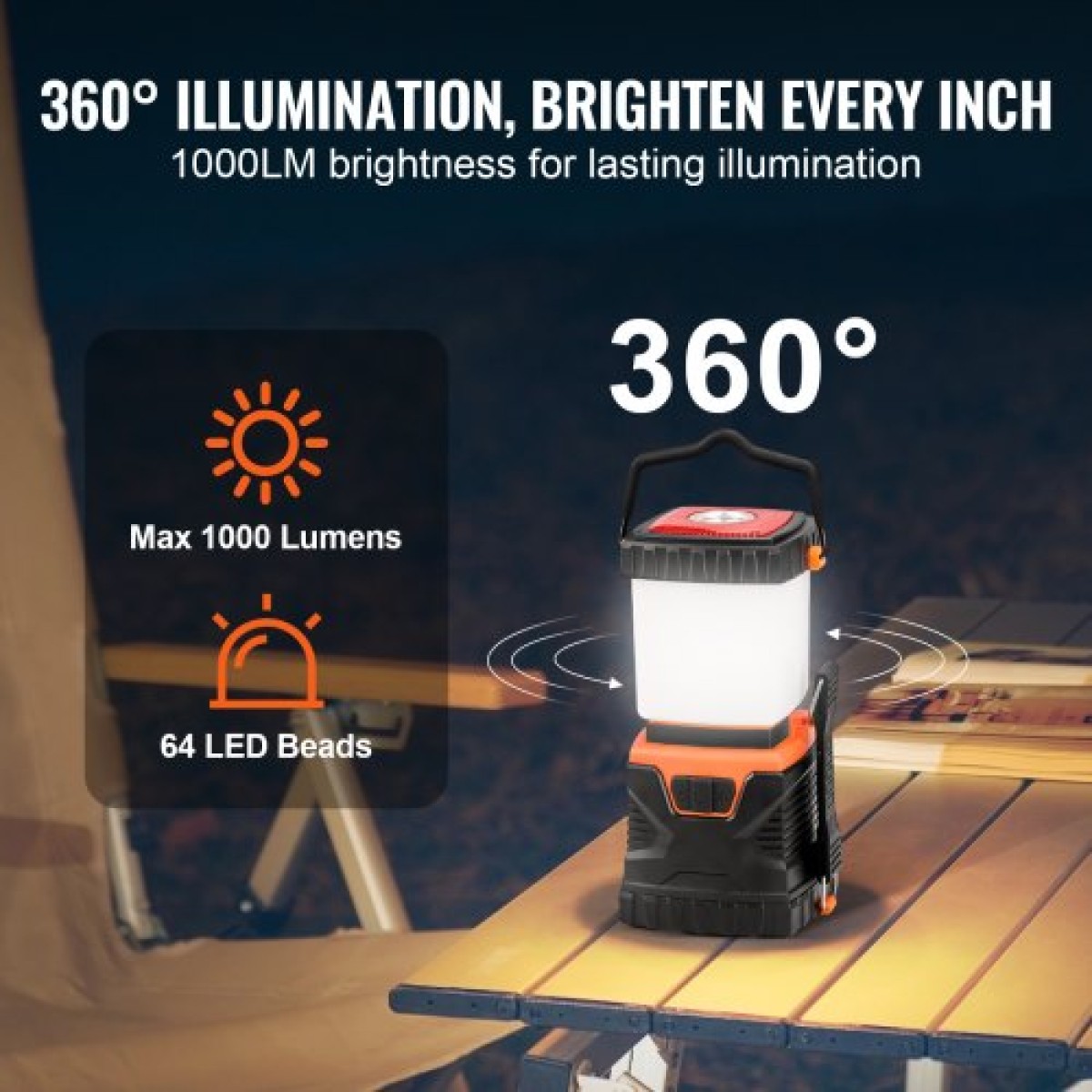 Φανάρι κάμπινγκ VEVOR LED, All-in-one, 1000LM, Φωτισμός 360°, 4 λειτουργίες φωτισμού, Φως με μπαταρία, Εξωτερικός ισχυρός φακός, Κατασκευασμένος για το τελευταίο φως, Ιδανικός για πεζοπορία Ψάρεμα Επισκευές διακοπών