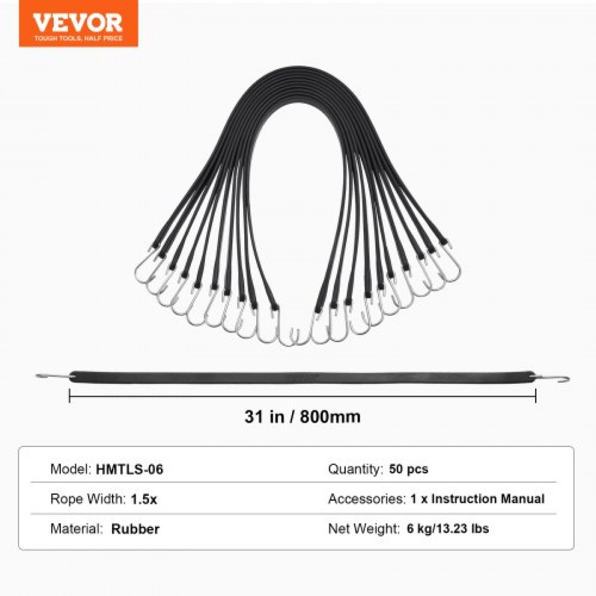 VEVOR Επίπεδο κορδόνι Bungee 50 τεμαχίων, Ιμάντες Bungee βαρέως τύπου 19,8 mm με ατσάλινους γάντζους S, ελαστικό σχοινί bungee 31" για φορτίο, μουσαμάδες, φορτηγά και σκηνή, μαύρο