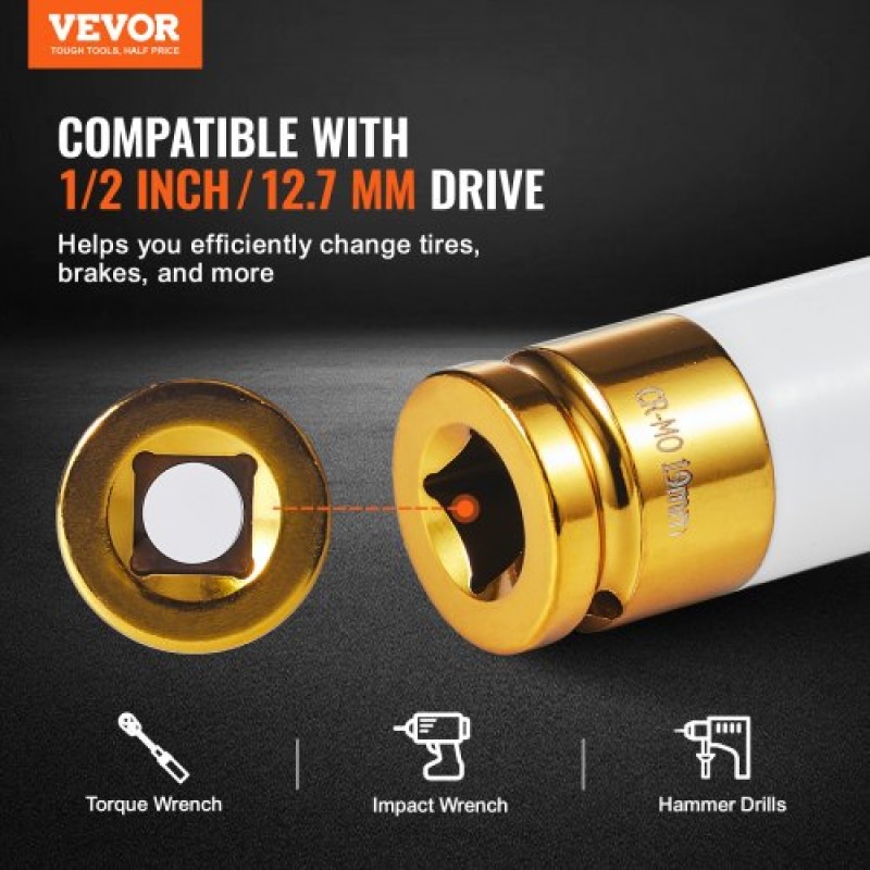 VEVOR Lug Nut Impact Socket Set, 1/2 inch Drive Metric 6-Point Deep Socket Set, 7 Total Lug Nut Sizes 17/19/21/22/23/24/27mm, CR-MO Steel Wheel Socket Socket with Storage Case, for Auto Repair