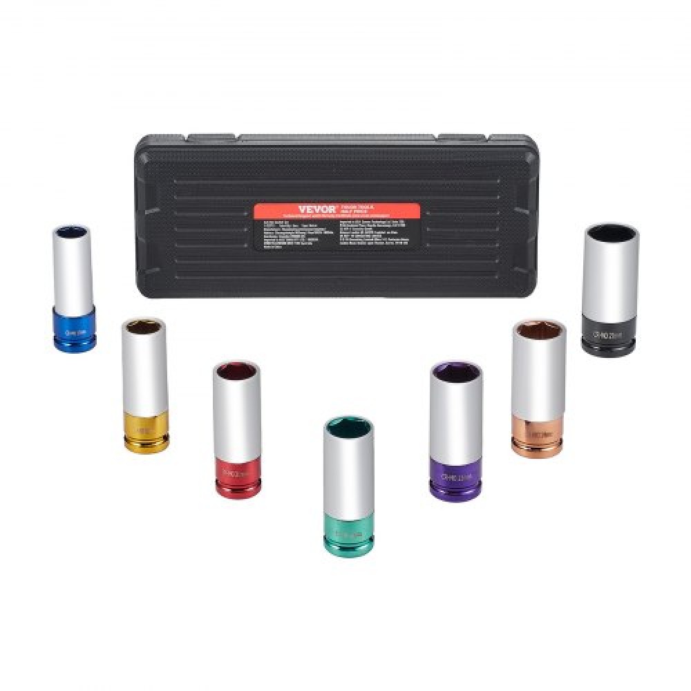 VEVOR Lug Nut Impact Socket Set, 1/2 inch Drive Metric 6-Point Deep Socket Set, 7 Total Lug Nut Sizes 17/19/21/22/23/24/27mm, CR-MO Steel Wheel Socket Socket with Storage Case, for Auto Repair