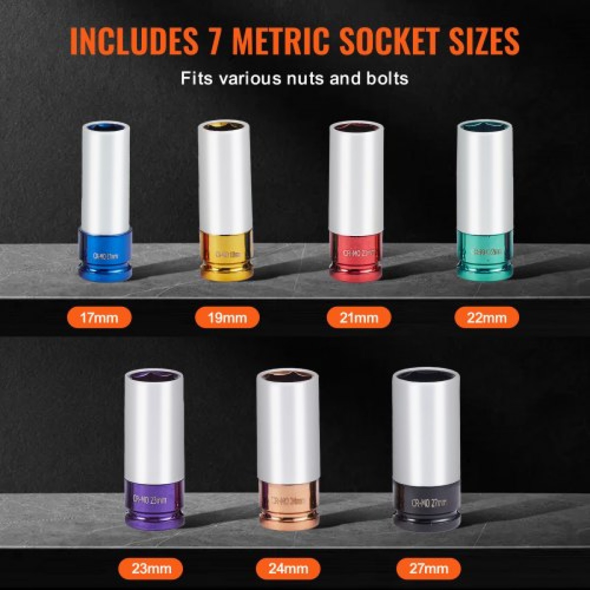 VEVOR Lug Nut Impact Socket Set, 1/2 inch Drive Metric 6-Point Deep Socket Set, 7 Total Lug Nut Sizes 17/19/21/22/23/24/27mm, CR-MO Steel Wheel Socket Socket with Storage Case, for Auto Repair