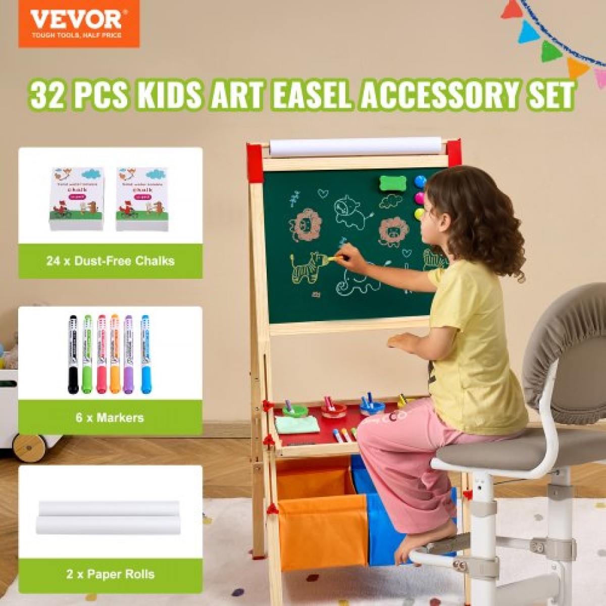 Σετ αξεσουάρ VEVOR Easel, 32 ΤΕΜ. Kid's Art Easel Painting Kit που περιλαμβάνει κιμωλίες, μαρκαδόρους στεγνώματος & ρολά χαρτιού, σετ προμηθειών για όρθιο καβαλέτο τέχνης, αξεσουάρ ζωγραφικής για νήπια αγόρια και κορίτσια