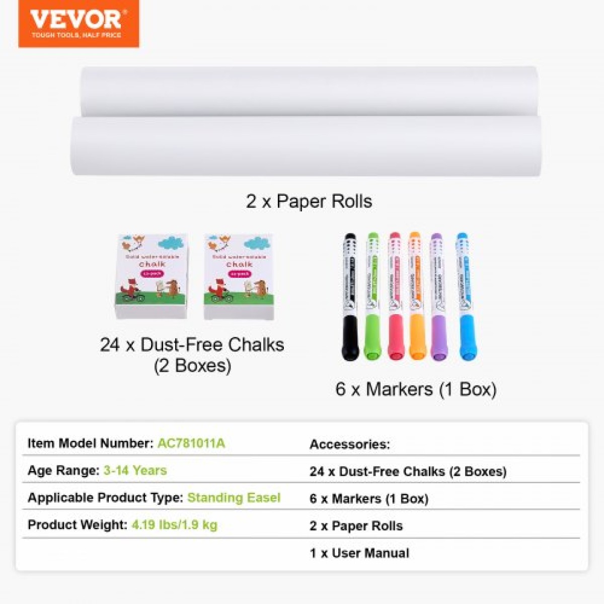 Σετ αξεσουάρ VEVOR Easel, 32 ΤΕΜ. Kid's Art Easel Painting Kit που περιλαμβάνει κιμωλίες, μαρκαδόρους στεγνώματος & ρολά χαρτιού, σετ προμηθειών για όρθιο καβαλέτο τέχνης, αξεσουάρ ζωγραφικής για νήπια αγόρια και κορίτσια