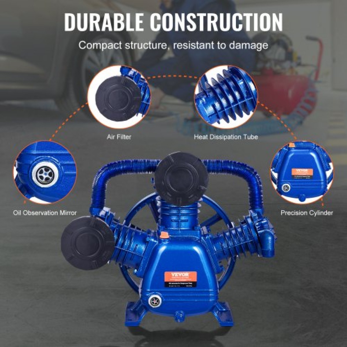 Κεφαλή αντλίας αεροσυμπιεστή VEVOR, 10HP 17,5CFM @ 90PSI, κεφαλή εμβόλου αντλίας αεροσυμπιεστή με λιπαντικό λιπαντικό 3 κυλίνδρων, Αντικατάσταση αντλίας αεροσυμπιεστή από χυτοσίδηρο τύπου V διπλού σταδίου με Max.Πίεση 185 PSI