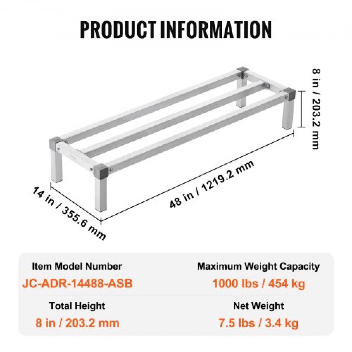 Σχάρα αλουμινίου VEVOR Dunnage, 48" x 14" Εμπορική σχάρα φαγητού, 8" εκτός δαπέδου, 1000 lbs Χωρητικότητα ράφι αποθήκευσης αλουμινίου με ολοσυγκόλληση, για αποθήκευση σε εστιατόρια, κουζίνες, γκαράζ και οχήματα
