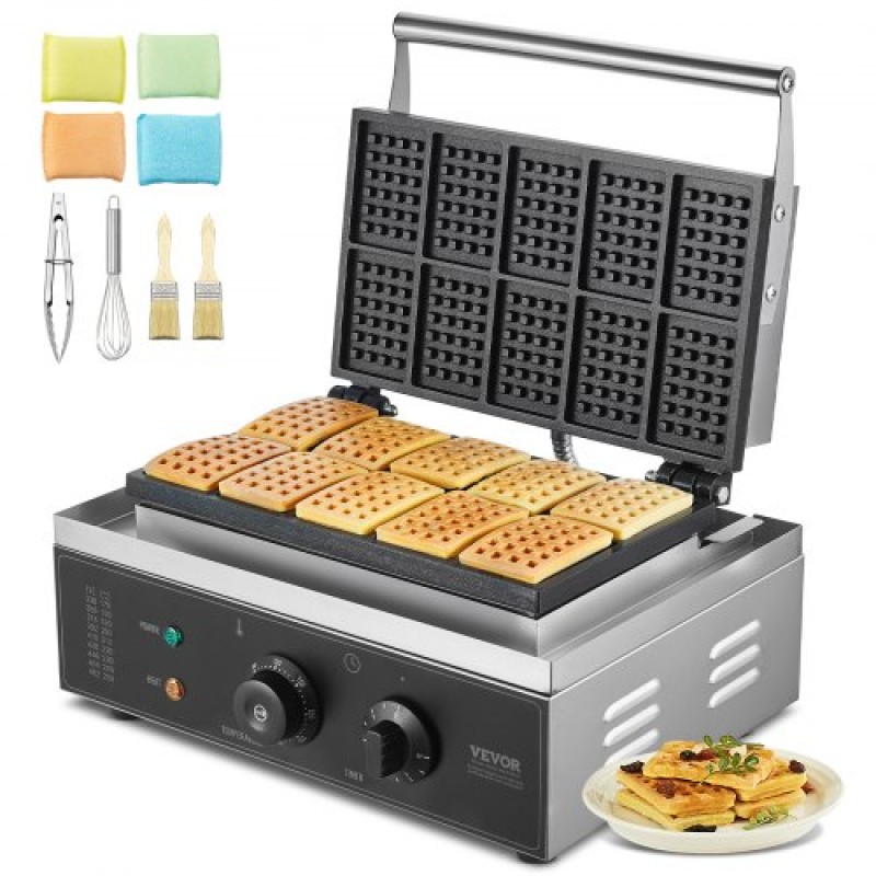 VEVOR Commercial Waffle Maker, 10PCS Rectangle Waffle Baker Machine, 1550W αντικολλητικό ανοξείδωτο σίδερο βελγικής βάφλας με έλεγχο θερμοκρασίας και χρόνου, λαβή, για οικογένεια σνακ μπαρ αρτοποιίας εστιατορίου