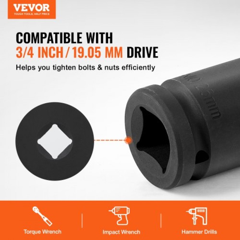 VEVOR Axle Nut Impact Socket Set, 3/4" Drive 6-Point 8-Piece Metric Spindle Socket Socket set, CR-MO Heat treated Large Socket Socket with Storage case, για αυτόματη επισκευή, αφαίρεση ή τοποθέτηση παξιμαδιών άξονα
