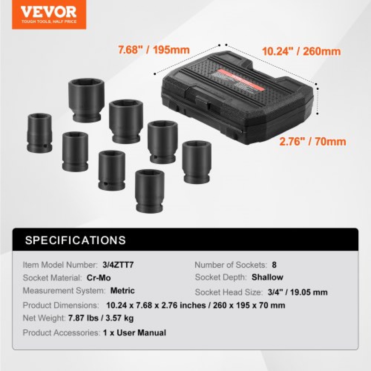 VEVOR Axle Nut Impact Socket Set, 3/4" Drive 6-Point 8-Piece Metric Spindle Socket Socket set, CR-MO Heat treated Large Socket Socket with Storage case, για αυτόματη επισκευή, αφαίρεση ή τοποθέτηση παξιμαδιών άξονα